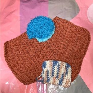 Handmade Crochet dish cloth Set in Rust and Blue with dish scrubby